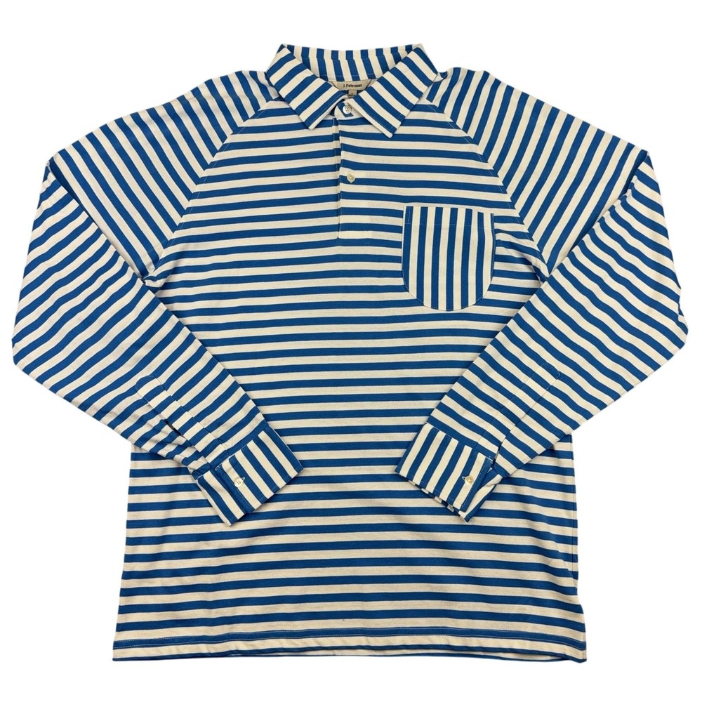 J. Peterman Polo Shirt Mens Large Blue White Stripe Long Sleeve Cotton Pocket